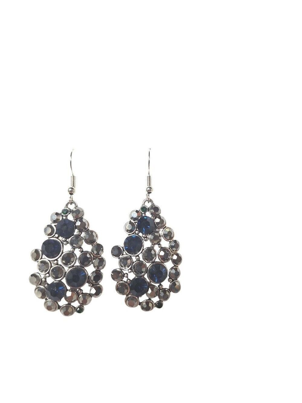 Blue Rhinestone Teardrop Chandelier Earrings Gunmetal